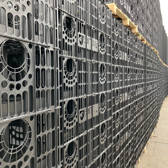 Stormbox E retention crates in the warehouse of Pipelife Poland | Pipelife