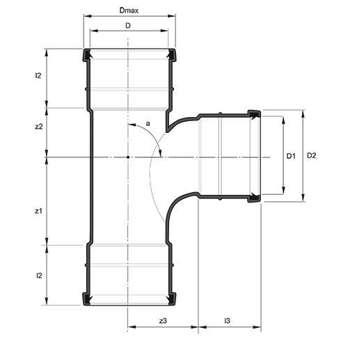 Measurement drawing branch 90gr 3 socket long